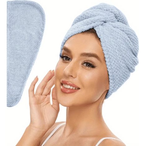 (Bleu, 25 cm x 65 cm) Serviette absorbante pour cheveux femme avec châle à boutons (1/5)