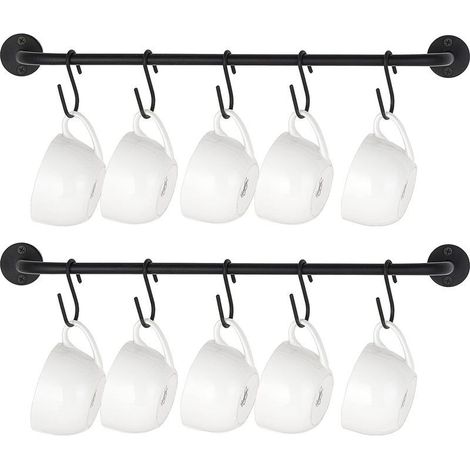 Lot de 2 porte tasses à café à fixation murale moderne en métal avec 10 crochets rustiques pour ustensiles de cuisine, salle à manger, café, noir (1/5)