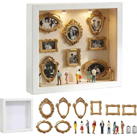 Boîte silhouette mini musée à faire soi-même, cadre photo mini musée lumineux à faire soi-même, ensemble de mini cadres photo vintage avec 8 mini cadres dorés et 8 figurines aléatoires, cadre photo de (1/5)