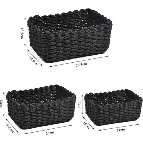 GROOFOO Lot de 3 Paniers en Osier pour Rangement Salle de Bain - Corbeille Écologique en Papier pour Jouets, Cosmétiques, Linges et Accessoires (Noir） (1/3)