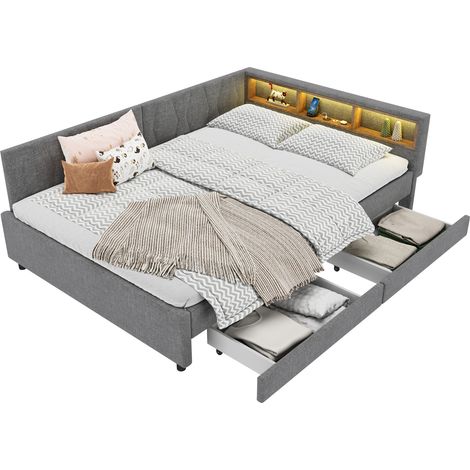 Lit 140x200 cm en lin gris avec LED, ports USB/Type C, rangements et sommier à lattes (1/5)