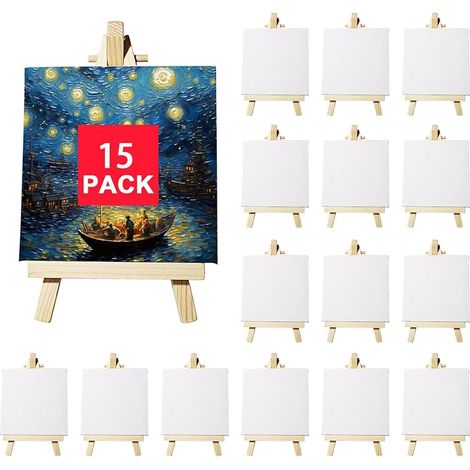 Mini-Staffelei-Leinwand-Set, 15-teilig, Mini-Leinwand 10 x 10 cm und Staffelei 9 x 16 cm, dreieckiger Ständer aus Massivholz für die Bürodekoration, DIY-Malkunst für Kinder, kreatives Geschenk (1/5)