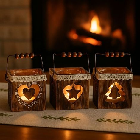 Pack 4 Photophores Carrés en Bois – Décorations de Table Noël, Ambiance Chaleureuse, Motifs Aléatoires (1/5)