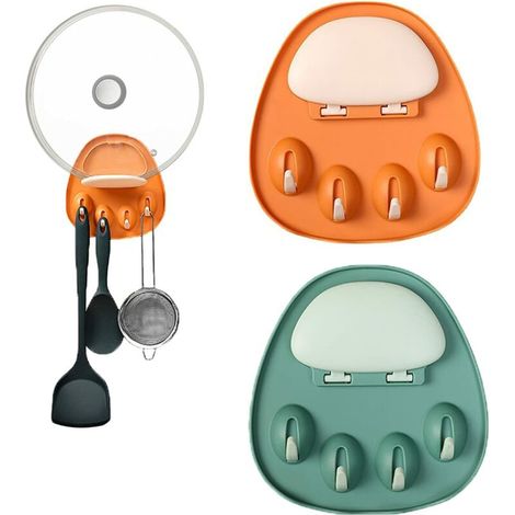 Support Mural de Couvercle Pot, 2 Pièces Support de Couvercle de Pot Auto-AdhéSif Support de Couvercle RéGlable Porte-Casseroles pour Placer Couvercles, Assiettes (Orange + Vert) (1/5)