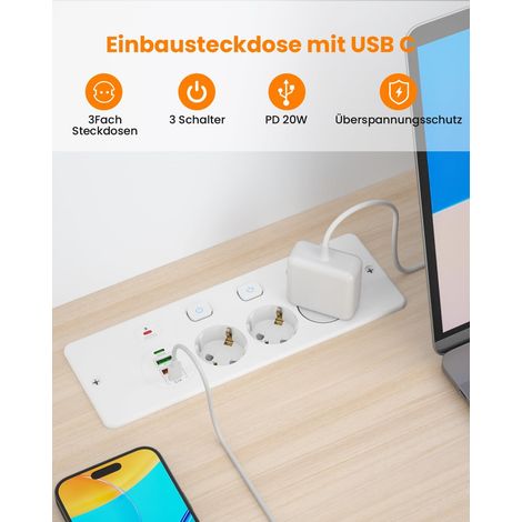 Multiprise encastrable avec port USB-C PD 20 W, 3 prises commutables individuellement, câble de 2 m, idéale pour table de conférence, plan de travail ou établi, blanche. (1/4)