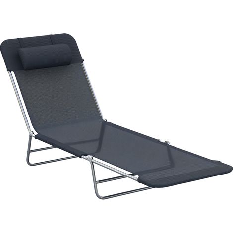 Chaise longue pliante dossier inclinable coussin jardin plage camping noire, chaise longue noire polyvalente pliable