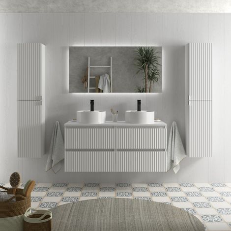 Mueble de Baño KIRA 120cm Blanco Mate 4 cajones Lavabo sobre encimera 2 pozas Porcelana (1/5)