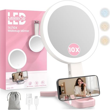 Miroir Grossissant Lumineux 10X/1X Double USB Rechargeable pour Voyage (1/5)