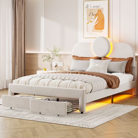 Doppelbett 140x200cm, verstellbares Kopfteil mit LED-Beleuchtung, 2 Schubladen, Bettrahmen, Lattenrost, Samt, Polsterbett - Beige (1/5)