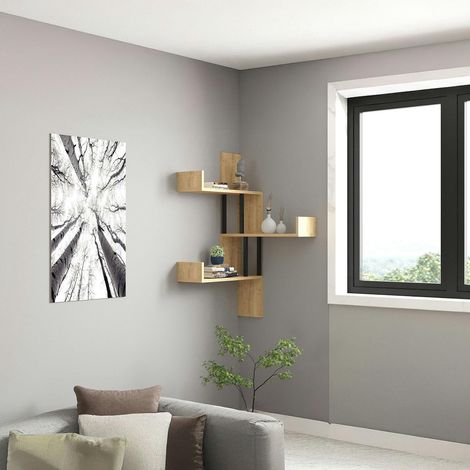 Étagère murale d’angle effet bois clair - 3 plateaux JENA (1/4)