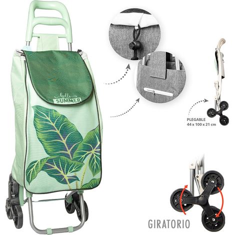 Carro de la compra plegable, verde con hojas, 6 ruedas