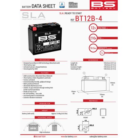 BATERÍA BS BT12B-4 (FA) (YT12B-4) 151X70X130 12V 10AH SIN MANTENIMIENTO - INUNDADA (175A) (4)