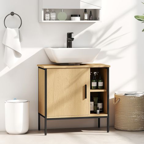 Mobiletto sottolavabo con anta e ripiano regolabile per lavabo a colonna 60x30x59,5 cm Rovere