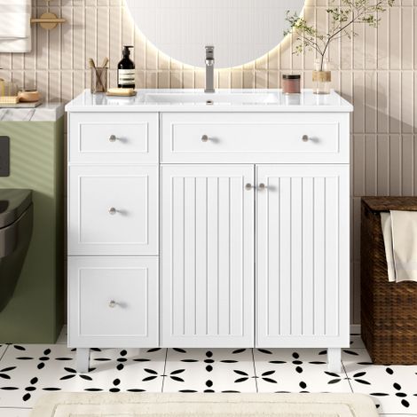 Meuble vasque sur pied, 91,5 x 46,5 x 89 cm, surface laquée, charnières à fermeture amortie, étagères réglables, vasque intégrée, style minimaliste moderne, blanc (1/5)