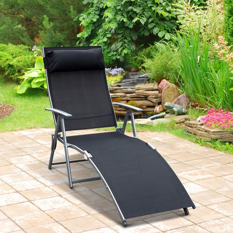 Chaise longue pliante avec dossier et appui-tête multiréglables, 137 x 64 x 101 cm (L x l x H), métal revêtu d'époxy et textilène, noir (1/5)