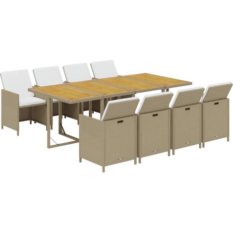 Ensemble à manger de jardin et coussins 9 pcs Poly rotin Beige vidaXL