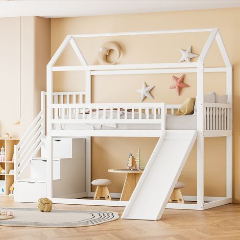 Lit superposé sécurisé 90x200 - Haute clôture, toboggan, échelle rangement - Cadre bois massif et sommier lattes blanc (sans Matelas) (1/5)
