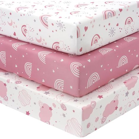 Fitted Sheet 70 x 140 cm, Set of 3 Microfibre Ultra Soft and Smooth Elastic All Around – for Cot Mattresses and Cot Beds, Rainbow Pink (1/5)