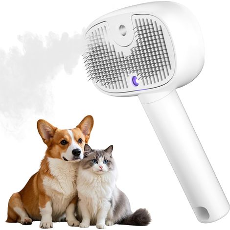 3 En 1 Brosse Chat à Vapeur, Autonettoyante En Un Clic - Rechargeable, Brosse pour chat d'intérieur, Brosse à peigner antistatique, Brosse Pour Chats et Chiens à Poils Courts et Longs, Blanc