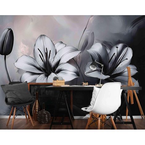 Fototapete Blumen Weiß Schwarz Beton 3D-Optik, für Wohnzimmer und Schlafzimmer, 150 x 105 cm – Komplettset inkl. Kleister & Anleitung (1/5)