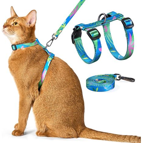 Cat Harness and Leash Set - Escape Proof Adjustable Cat Harness, Comfortable Soft Lightweight, Use Safe & Easy, Walking Travel Kitten Harness for Small Medium Large Cats (Hawaii Green) (1/5)
