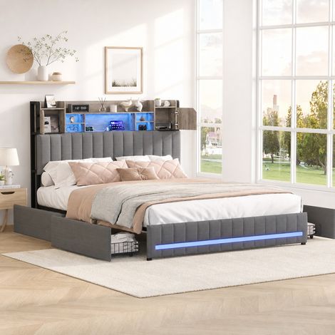 Lit double 140x190cm avec tête de lit de rangement et éclairage LED, lit rembourré en lin gris avec 4 tiroirs et station de recharge USB, sommier à lattes pour chambre adulte (1/5)