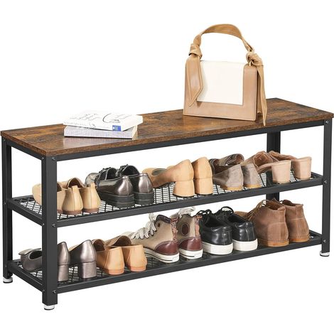 Vasagle – Banc à chaussures 100 x 30 x 45 cm – Étagère de rangement 2 niveaux – Cadre en acier noir – Style industriel marron rustique