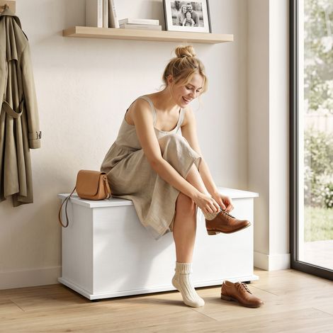Coffre de Rangement Couvercle Rabattable, Coffre Bois, 80x40x45 cm, Blanc (1/5)