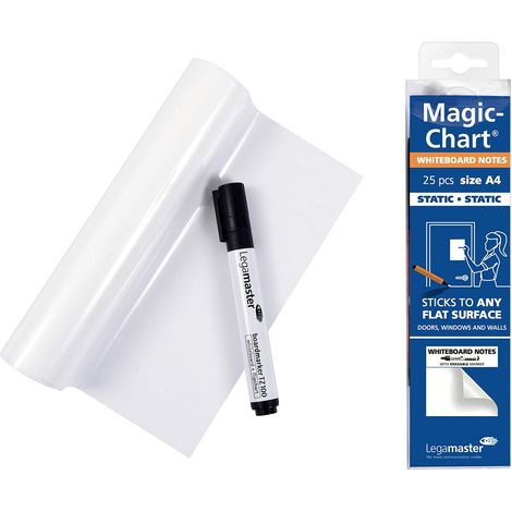 Legamaster 7-159100-A4 Magic-Chart Notes Whiteboard, Fogli elettrostatici riposizionabili, include 25 fogli bianchi (20 x 30 cm), Bianco (1/4)
