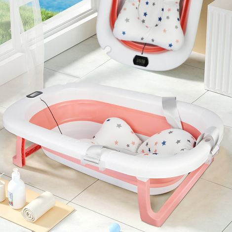 Faltbare Baby-Badewanne mit Wasserthermometer, Kissen, rutschfester Matte und Abflusslöchern, Kinderbadewanne für Neugeborene bis Kleinkinder geeignet (Rosa) (1/5)
