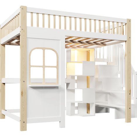 Letto a soppalco 140x200 cm con LED, scrivania, contenitori e scala bianca naturale (1/5)