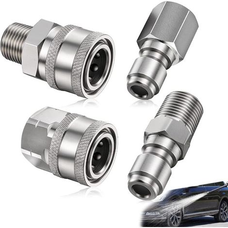4 Pièces Coupleur de Nettoyeur Haute Pression, Pressure Washer Adapter Set, Adaptateur 1/4 Npt Pouces Mâle Femelle, en Acier Inoxydable(Argent) (1/5)