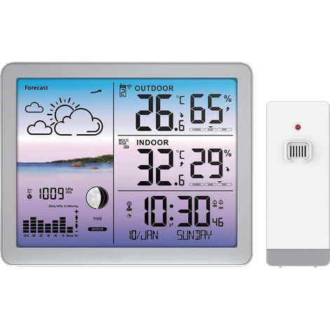 Station météo avec affichage couleur, horloge radio-pilotée, affichage de la température, avertissement de moisissure, tendances, prévisions, animations