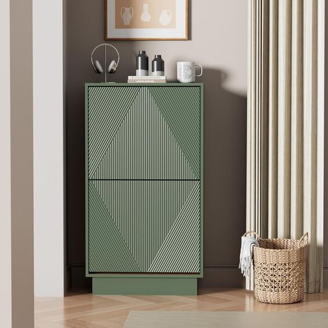 UEV Meuble à Chaussures Ultra-Mince à 2 Abattants, Armoire à Chaussures Design Rétro Vert avec Motifs Linéaires, Rangement Gain de Place pour Entrée et Couloir Étroit, 50 x 24x 91cm, Vert