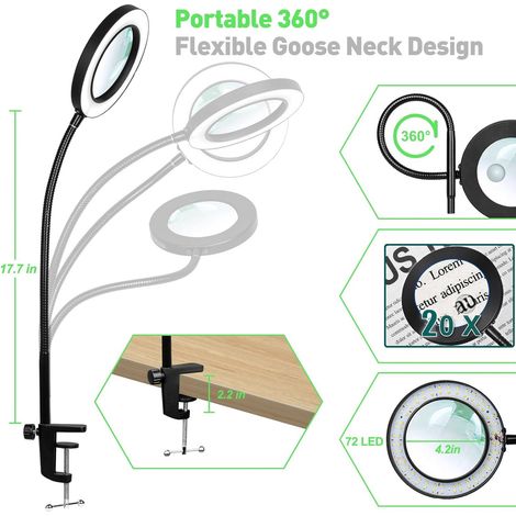 Lampe Loupe LED à Pince - 20X Grossissement - Lampe de Réparation Électronique - Lampe de Bureau Multifonctionnelle - Veilleuse - Alimentation Secteur - Noir (1/5)