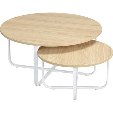 Tables centre Ø65x32 cm et Ø45x26 cm plateau bois pattes métal naturel blanc, jeu de 2