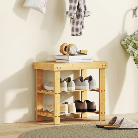 Panca Scarpiera con 2 Ripiani, Seduta per Ingresso e Corridoio, Portata 130 kg, Bambù, Legno Naturale, 50 x 28 x 45 cm (1/5)