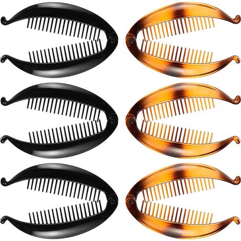 Pince À Cheveux Banane - Forme Poisson - Plastique - Pour Cheveux Épais ou Fins - Noir et Marron - Lot de 6