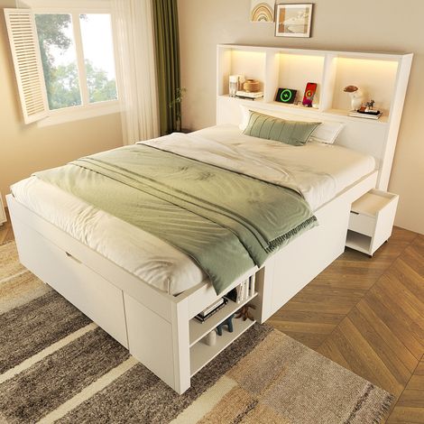 lit adulte rangement 90x200 bois blanc LED et USB-C OKMYHOME (1/5)