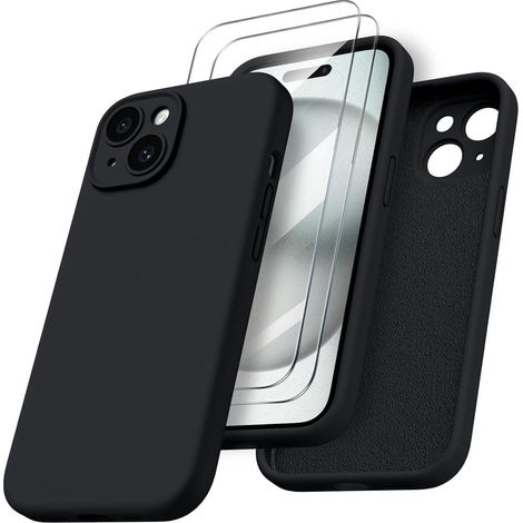 ORNARTO iPhone 15 Hülle Schwarz flüssiges Silikon + 2 Schutzfolien (1/5)