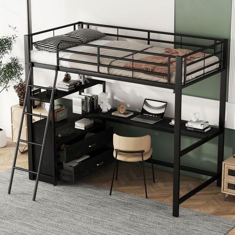 Lit en mezzanine - Noir - 140x200 cm - Avec bureau en L - Tiroirs de rangement - 150 kg max (1/5)