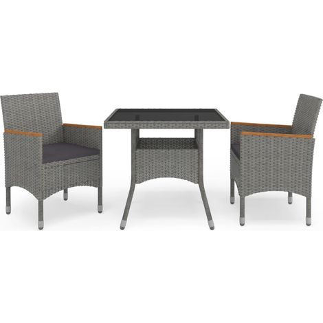 3-tlg. Garten-Essgruppe Grau Poly Rattan und Akazienholz