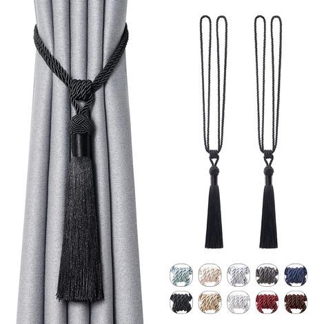 Lot 2 Embrasse de rideaux longues à pompons, faites à la main en corde tressée avec nœuds européens pour décoration de fenêtre et bureau (noir)