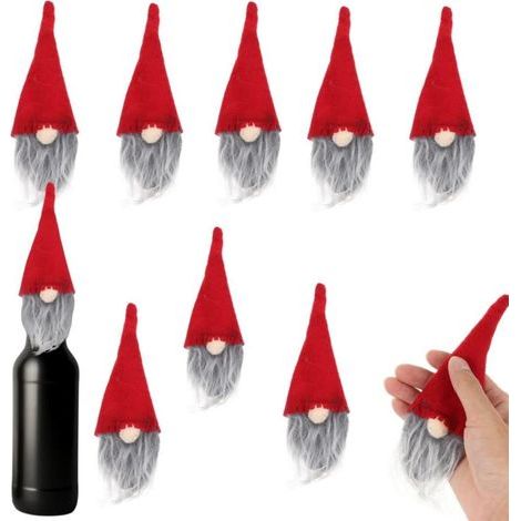 Lot de 10 housses de bouteille de vin à l'effigie de gnomes de Noël - Motifs de gnomes suédois à chapeaux rouges, décorations festives pour la maison, les fêtes et le Père Noël - Thème (1/5)