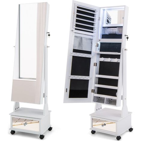 Mobile portagioielli indipendente 42 x 35 x 159 cm spazio di archiviazione ottimizzato con luce LED e specchio a figura intera MDF bianco 200010371