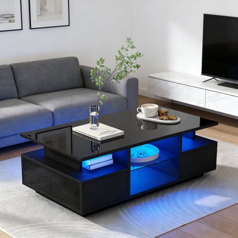 Table basse avec 2 tiroirs, table d'appoint LED haute brillance, table basse avec espace de rangement ouvert, séparateur en verre, table à thé, table de canapé, table de salon, noir
