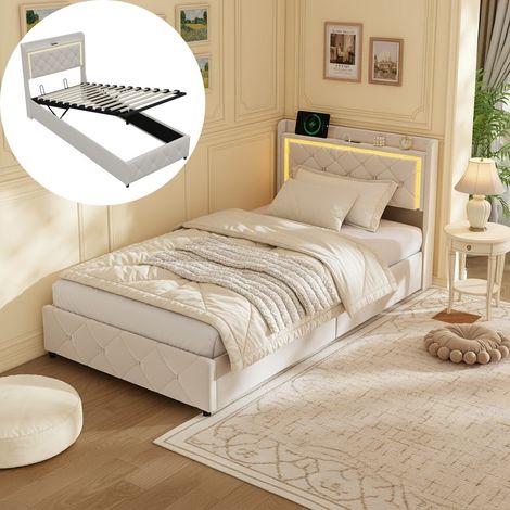 Letto singolo 90x190 cm con spazio di archiviazione, letto contenitore in velluto beige, rete a doghe in legno, testiera con illuminazione LED e porta USB, decorato con borchie