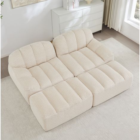 Canapé modulable 2 places beige en tissu granuleux avec 2 ottomans, mousse haute densité, sans montage (1/5)