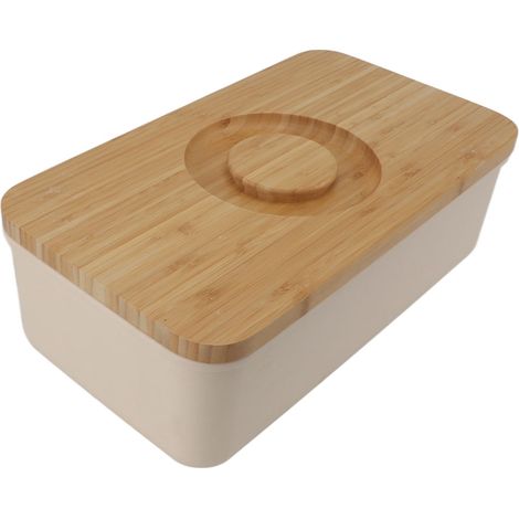 Coffret rangement pain plastique avec couvercle bois coupe planche anti humidité grand capacité design moderne pour comptoir cuisine beige 21,5x38x13,5 cm (1/5)