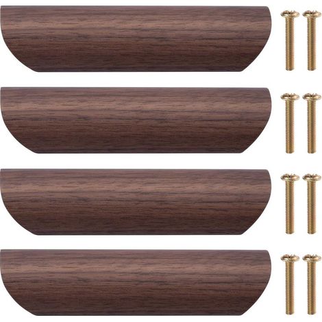Poignée de Meuble en Bois 4Pcs Poignée de Tiroir Bouton de Porte Cuisine Poignées de Placard en Bois, 96mm Distance Entre les Trous (Noyer Noir) (1/5)